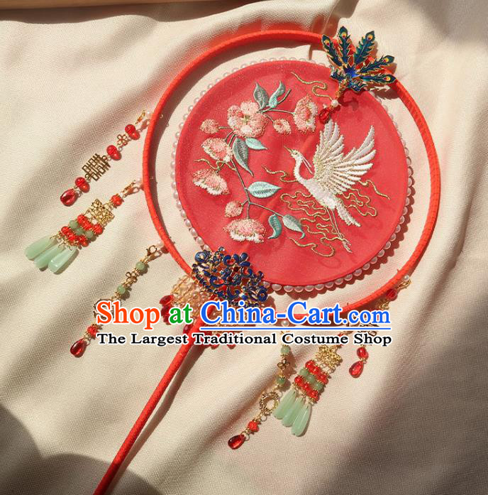 China Handmade Hanfu Embroidered Crane Flowers Silk Fan Traditional Wedding Palace Fan Ancient Princess Red Circular Fan