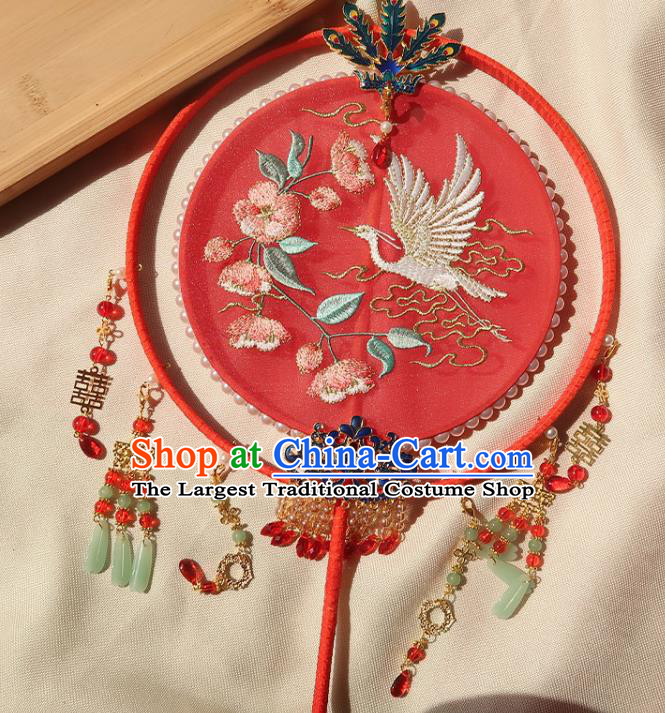 China Handmade Hanfu Embroidered Crane Flowers Silk Fan Traditional Wedding Palace Fan Ancient Princess Red Circular Fan