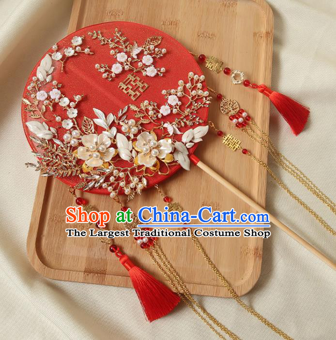 China Traditional Wedding Red Palace Fan Handmade Hanfu Fan Ancient Princess Plum Blossom Circular Fan