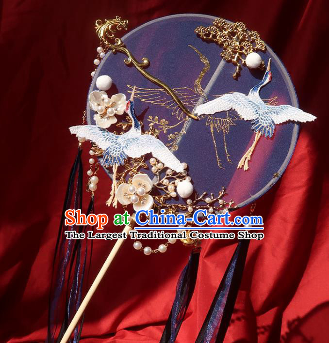China Traditional Wedding Embroidered Crane Palace Fan Ancient Princess Circular Fan Handmade Hanfu Deep Blue Silk Fan