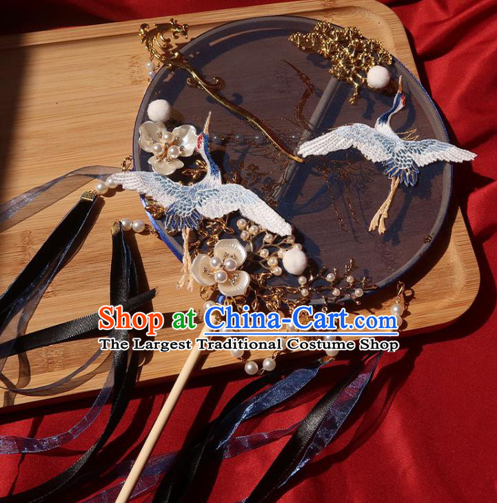 China Traditional Wedding Embroidered Crane Palace Fan Ancient Princess Circular Fan Handmade Hanfu Deep Blue Silk Fan