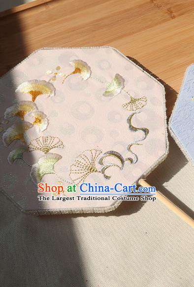 China Traditional Wedding Embroidered Ginkgo Palace Fan Ancient Princess Octagon Fan Handmade Hanfu Beige Silk Fan