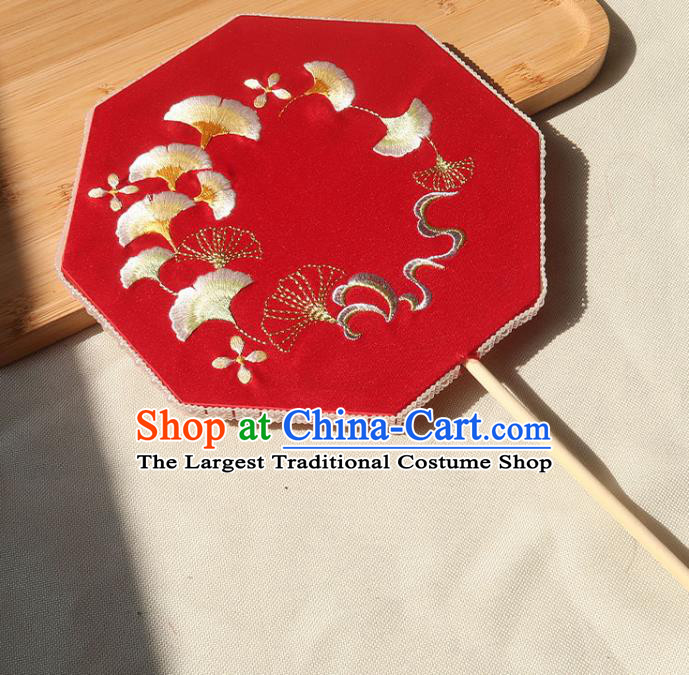 China Traditional Wedding Embroidered Ginkgo Palace Fan Ancient Princess Octagon Fan Handmade Hanfu Red Silk Fan