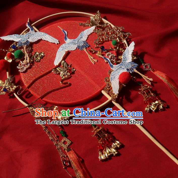 China Traditional Wedding Red Silk Palace Fan Ancient Princess Circular Fan Handmade Hanfu Embroidered Cranes Fan