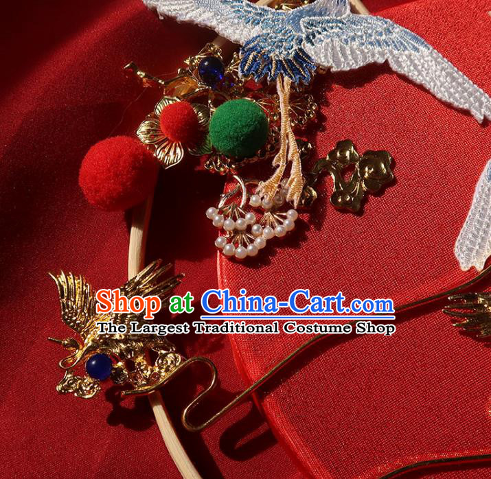 China Traditional Wedding Red Silk Palace Fan Ancient Princess Circular Fan Handmade Hanfu Embroidered Cranes Fan