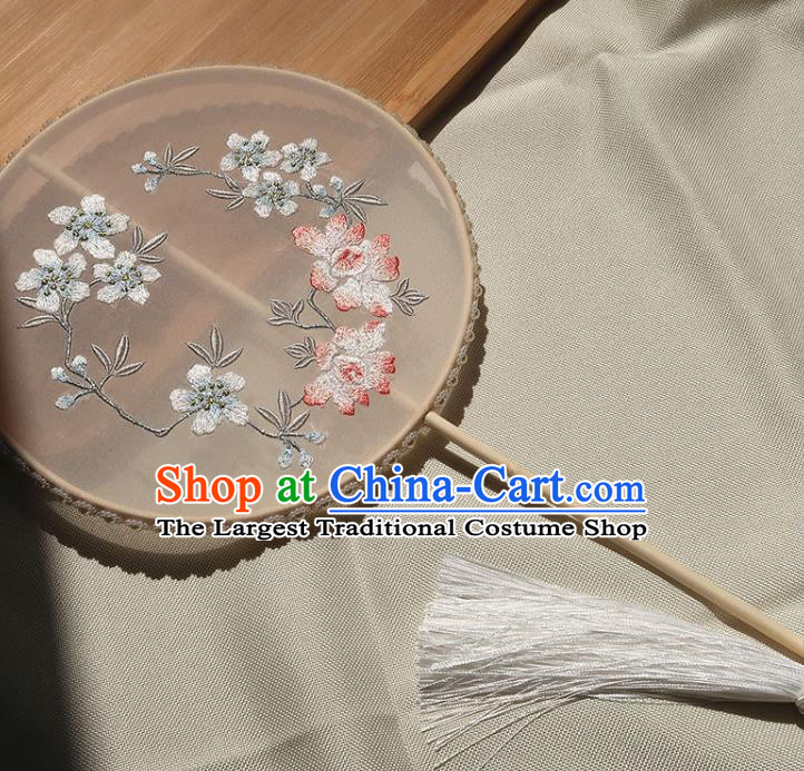 China Traditional Wedding Palace Fan Handmade Hanfu Light Pink Silk Fan Classical Embroidered Peach Blossom Circular Fan