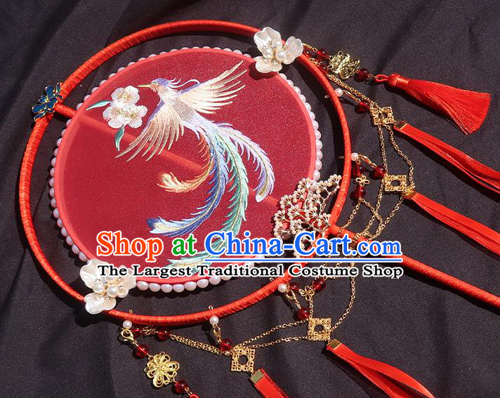China Handmade Hanfu Red Silk Fan Classical Embroidered Phoenix Circular Fan Traditional Wedding Bride Palace Fan