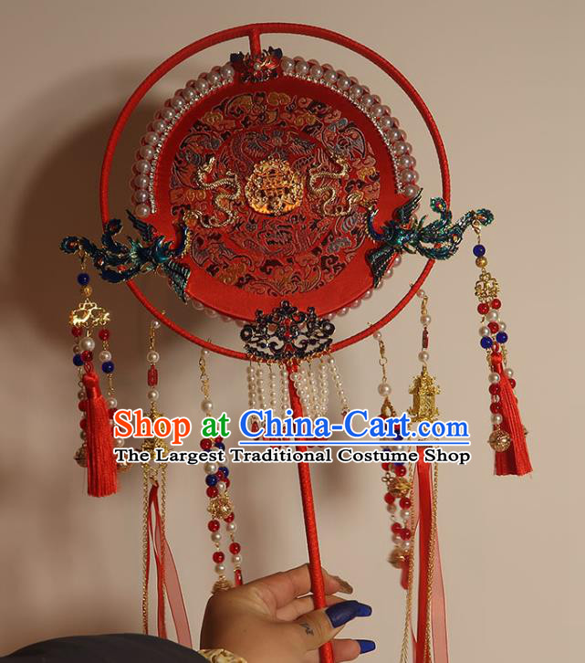 China Classical Dance Cloisonne Phoenix Circular Fan Traditional Wedding Red Silk Fan Handmade Bride Embroidered Palace Fan