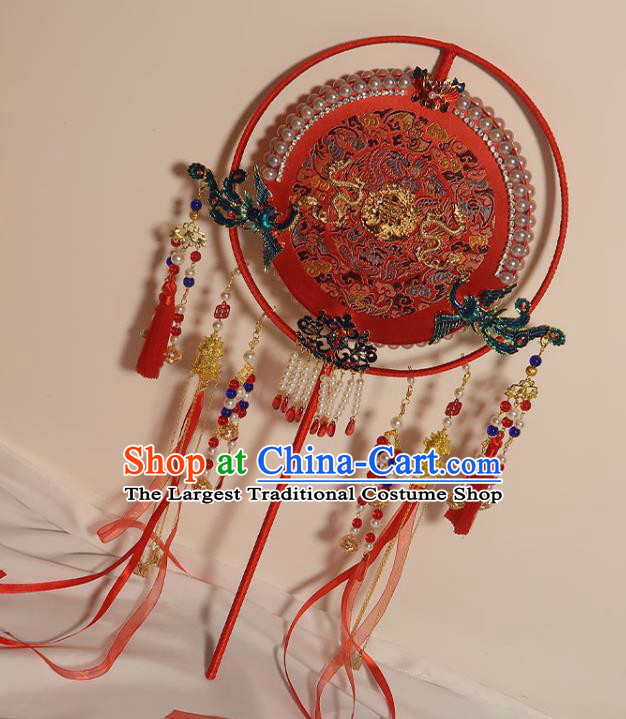 China Classical Dance Cloisonne Phoenix Circular Fan Traditional Wedding Red Silk Fan Handmade Bride Embroidered Palace Fan