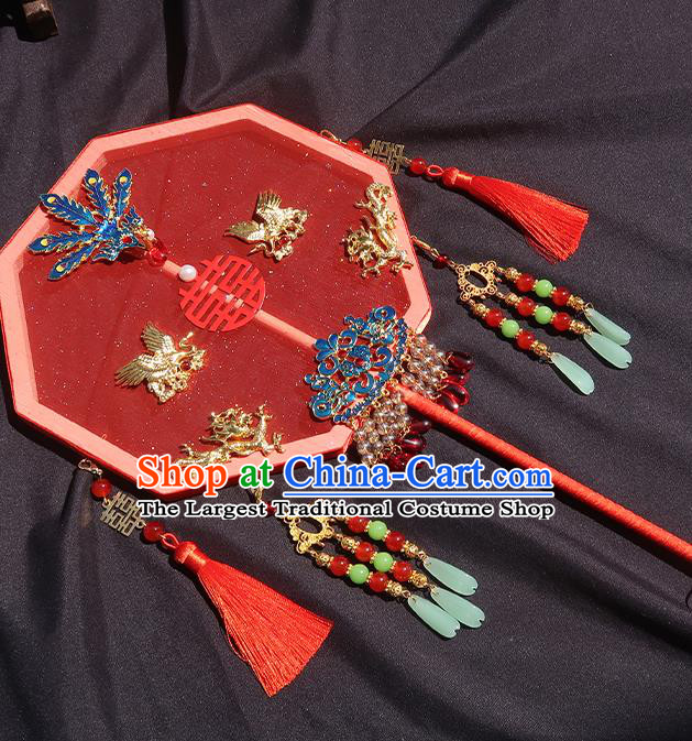 China Handmade Blueing Phoenix Palace Fan Classical Octagon Fan Traditional Wedding Red Silk Hanfu Fan