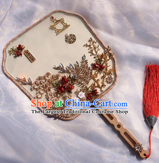 China Handmade Red Pomegranate Palace Fan Classical Hanfu Fan Traditional Wedding Silk Fan