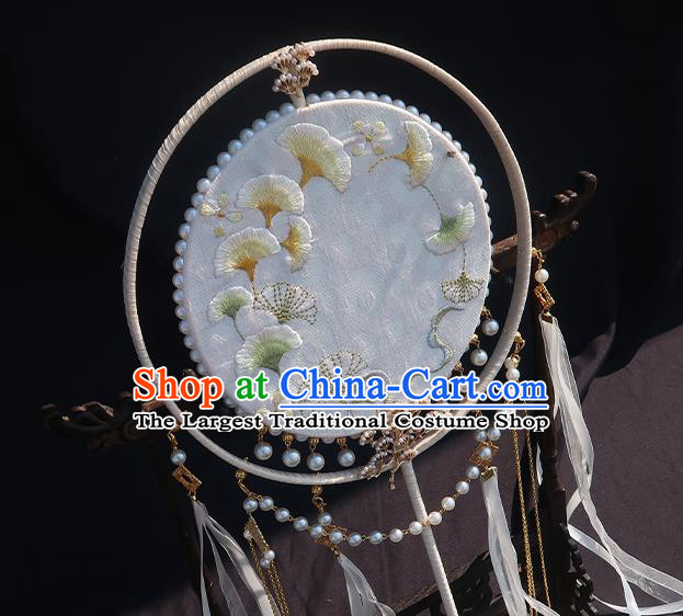 China Classical Hanfu Light Blue Silk Fan Handmade Embroidered Ginkgo Palace Fan Traditional Wedding Ribbon Tassel Fan