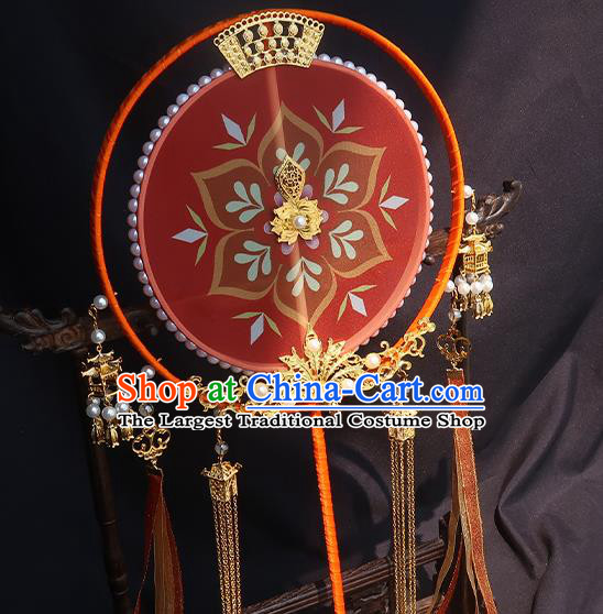 China Traditional Wedding Red Silk Fan Classical Hanfu Tassel Fan Handmade Palace Fan