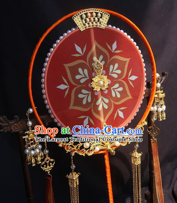 China Traditional Wedding Red Silk Fan Classical Hanfu Tassel Fan Handmade Palace Fan
