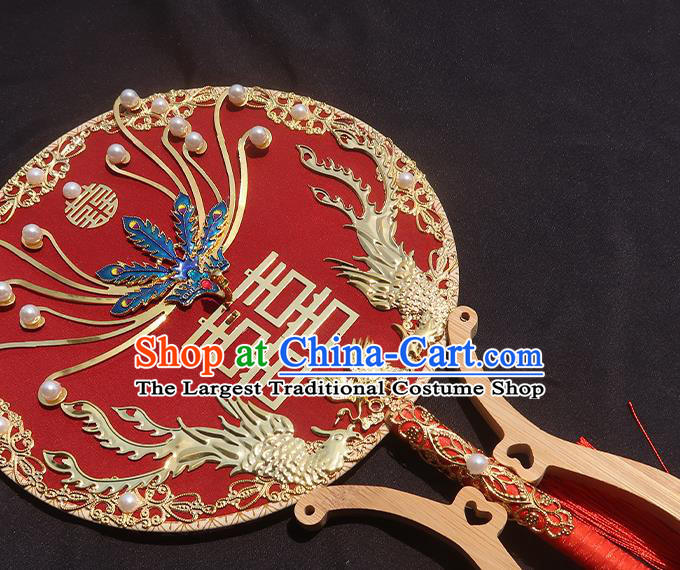 China Traditional Wedding Circular Fan Classical Hanfu Red Silk Fan Handmade Blueing Phoenix Palace Fan