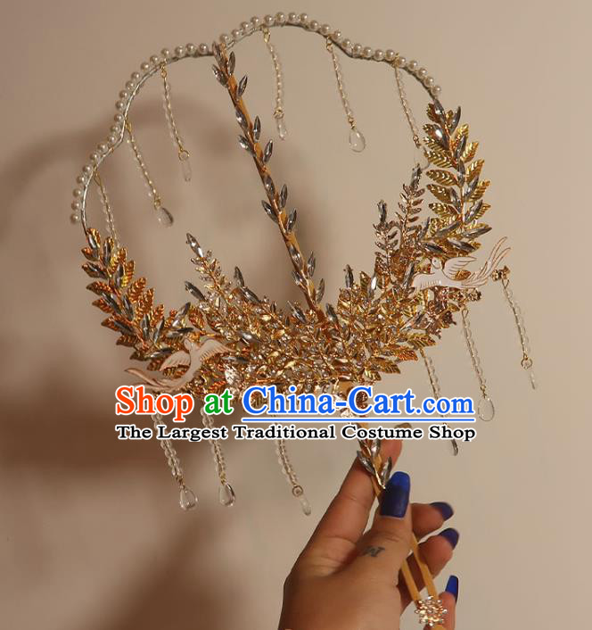 China Classical Dance Crystal Fan Handmade Bride Palace Fan Traditional Wedding Prop Beads Tassel Fan