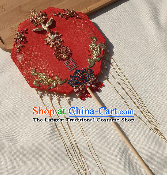 China Classical Dance Golden Phoenix Octagon Fan Handmade Bride Red Palace Fan Traditional Wedding Tassel Fan
