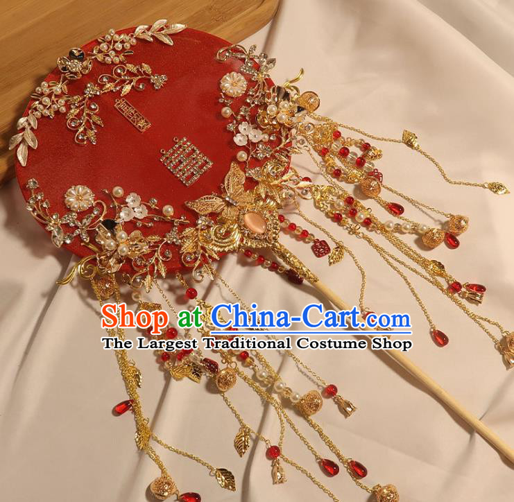China Handmade Bride Red Silk Palace Fan Classical Dance Circular Fan Traditional Wedding Golden Butterfly Tassel Fan