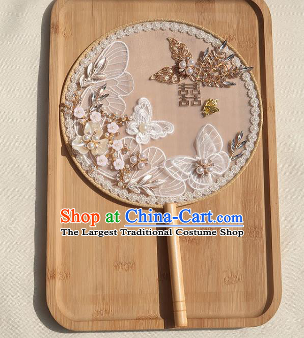 China Traditional Wedding Pearls Fan Classical Dance Silk Fan Handmade Bride Lace Butterfly Palace Fan