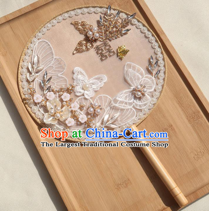 China Traditional Wedding Pearls Fan Classical Dance Silk Fan Handmade Bride Lace Butterfly Palace Fan