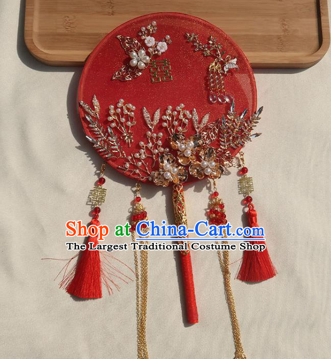 China Handmade Bride Palace Fan Traditional Wedding Circular Fan Classical Dance Red Silk Fan