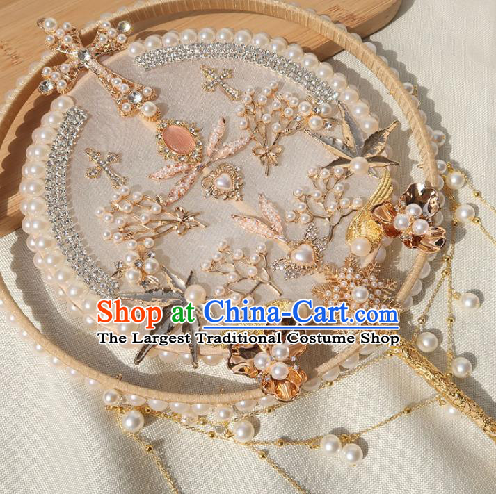 China Traditional Wedding Circular Fan Classical Dance Pearls Fan Handmade Bride White Silk Palace Fan