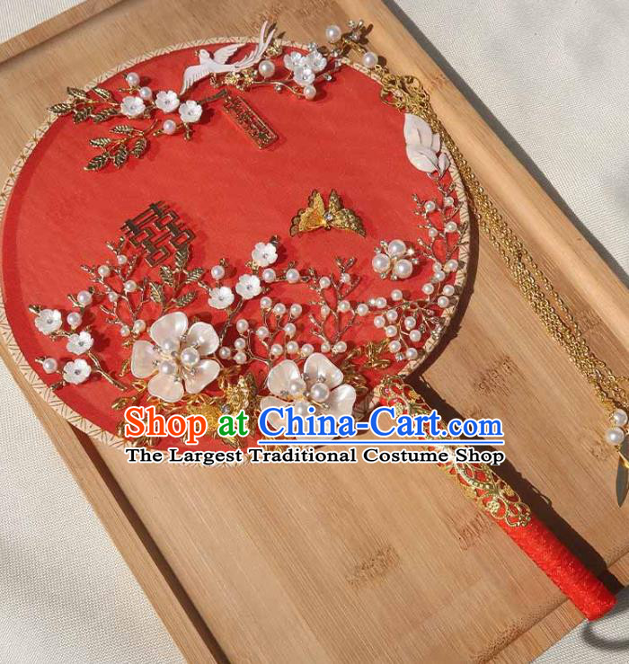 China Traditional Wedding Plum Butterfly Circular Fan Handmade Bride Palace Fan Classical Dance Shell Flowers Fan