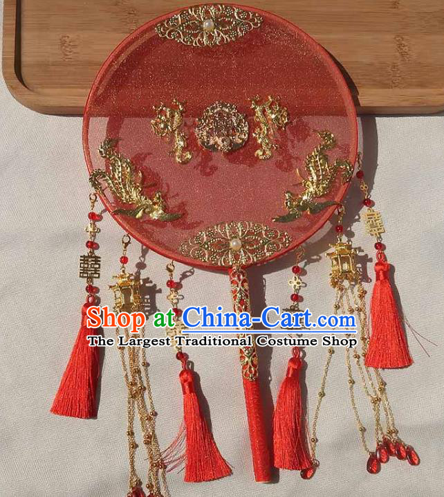 China Handmade Bride Red Silk Palace Fan Classical Dance Golden Lantern Tassel Fan Traditional Wedding Circular Fan