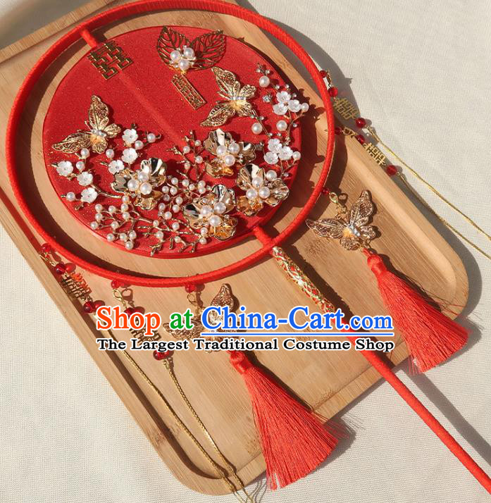 China Bride Silk Palace Fan Traditional Wedding Circular Fan Handmade Hanfu Golden Butterfly Fan