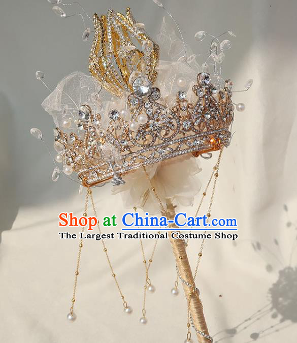 Handmade Queen Golden Royal Crown Sceptre Top Grade Wedding Crystal Bridal Bouquet Bride White Veil Cane