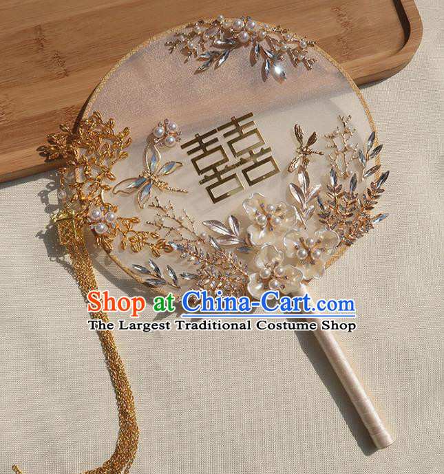 China Traditional Wedding Circular Fan Classical Dance White Silk Fan Handmade Bride Shell Flowers Palace Fan