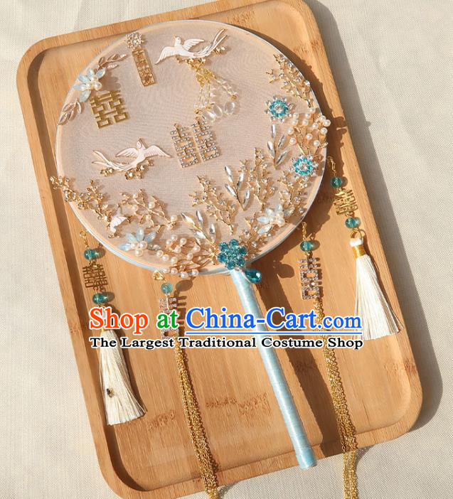 China Bride Blue Crystal Palace Fan Traditional Wedding Tassel Circular Fan Handmade Hanfu Beige Silk Fan