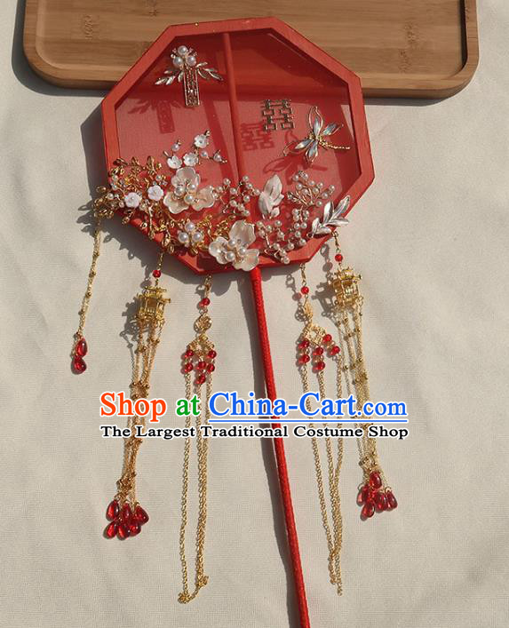 China Classical Dance Opal Dragonfly Fan Handmade Bride Palace Fan Traditional Wedding Red Silk Octagon Fan