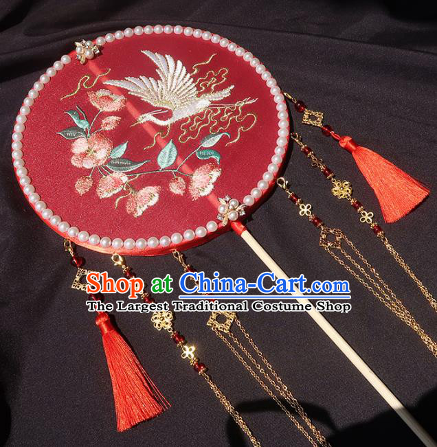 China Traditional Hanfu Embroidered Circular Fan Classical Wedding Fan Handmade Golden Tassel Palace Fan