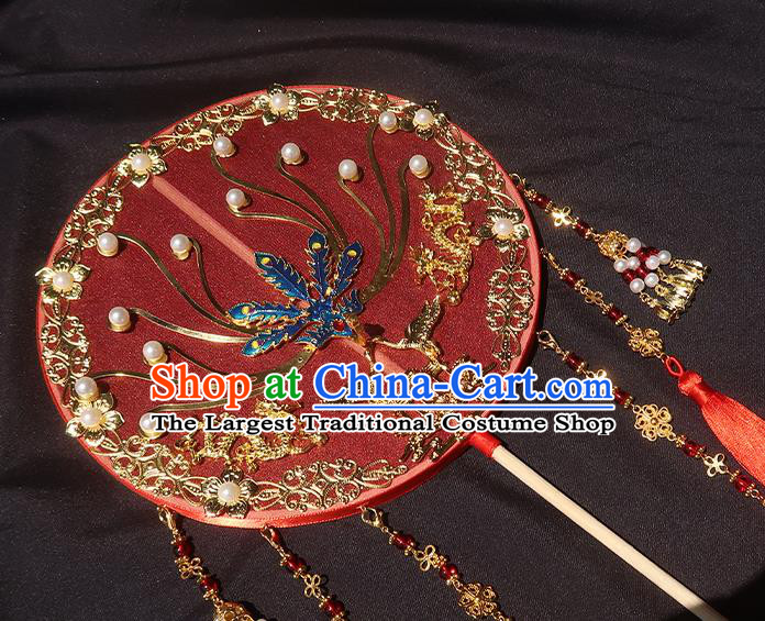 China Handmade Red Silk Palace Fan Traditional Hanfu Fan Classical Wedding Blueing Phoenix Circular Fan