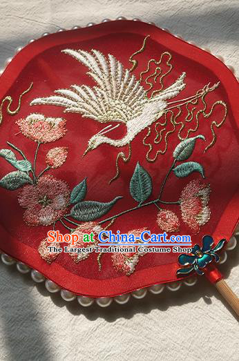 China Classical Wedding Red Silk Fan Handmade Embroidered Peach Blossom Crane Palace Fan Traditional Hanfu Fan