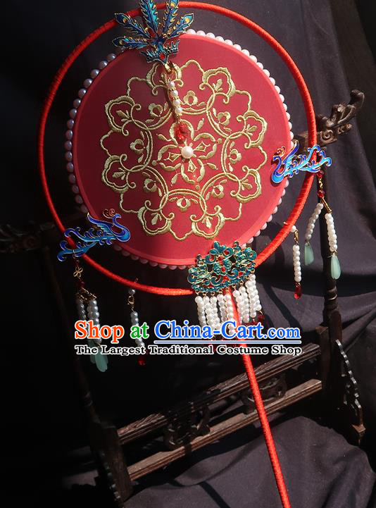 China Traditional Princess Hanfu Fan Handmade Embroidered Palace Fan Classical Wedding Red Silk Fan