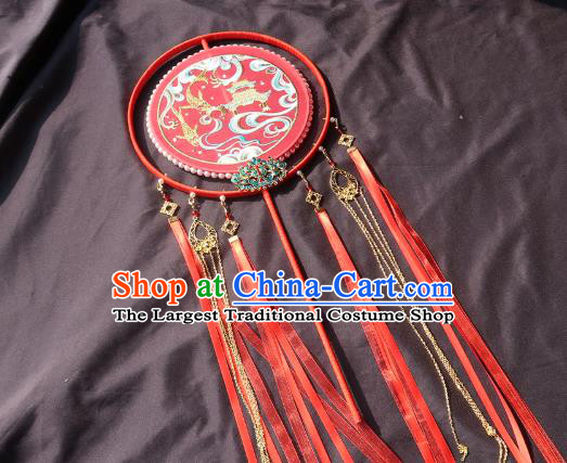 China Classical Wedding Bride Circular Fan Traditional Embroidered Red Silk Hanfu Fan Handmade Palace Fan