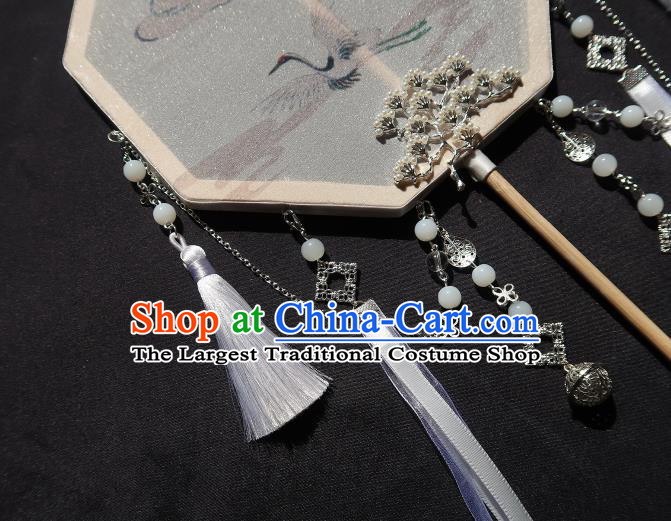 China Handmade Ink Painting Crane Palace Fan Classical Wedding Bride Fan Traditional Hanfu Silk Octagon Fan