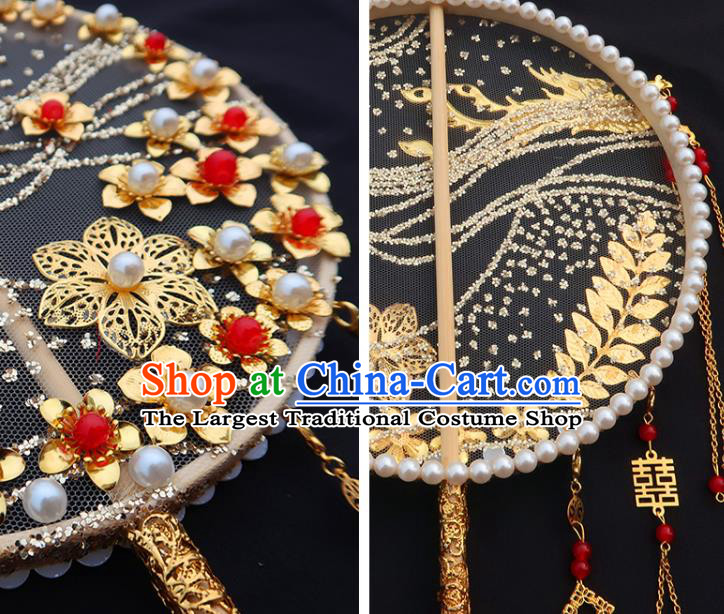 China Handmade Golden Phoenix Palace Fan Classical Wedding Bride Fan Traditional Hanfu Plum Blossom Circular Fan