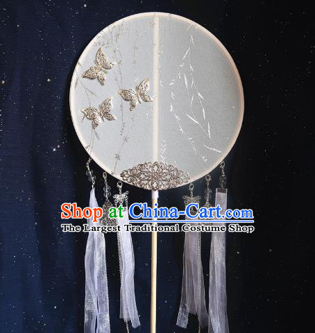 China Handmade White Ribbon Palace Fan Classical Wedding Fan Traditional Hanfu Argent Butterfly Circular Fan