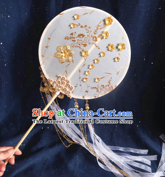 China Handmade Golden Flowers Palace Fan Classical Wedding Fan Traditional Hanfu White Ribbon Circular Fan