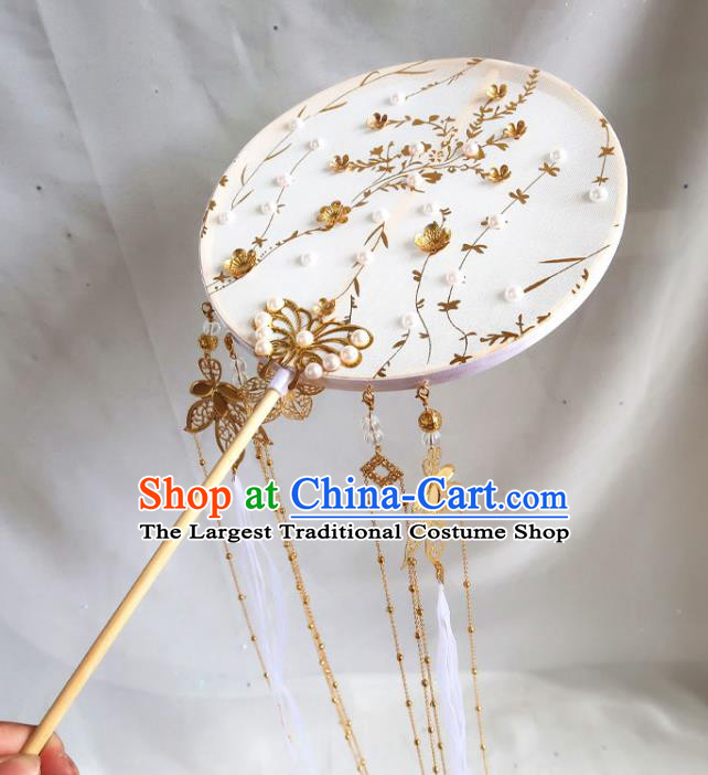 China Handmade Golden Butterfly Palace Fan Traditional Hanfu Circular Fan Classical Princess White Ribbon Wedding Fan