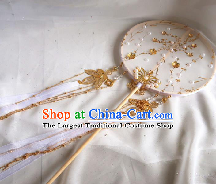 China Handmade Golden Butterfly Palace Fan Traditional Hanfu Circular Fan Classical Princess White Ribbon Wedding Fan