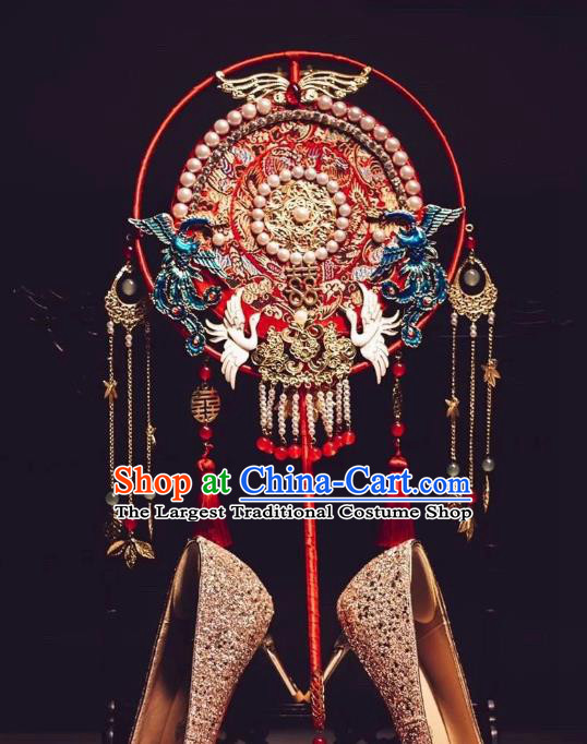 China Traditional Hanfu Pearls Circular Fan Handmade Blueing Phoenix Palace Fan Classical Red Fan
