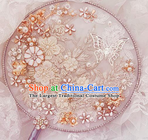 China Traditional Hanfu Argent Butterfly Fan Handmade Wedding Palace Fan Classical White Beads Flowers Circular Fan