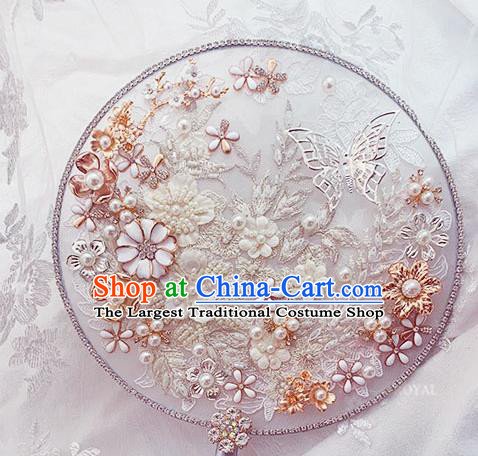 China Traditional Hanfu Argent Butterfly Fan Handmade Wedding Palace Fan Classical White Beads Flowers Circular Fan