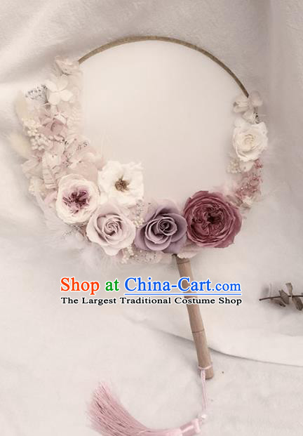 China Handmade Bride Palace Fan Classical Dance Circular Fan Traditional Wedding Purple Roses Fan