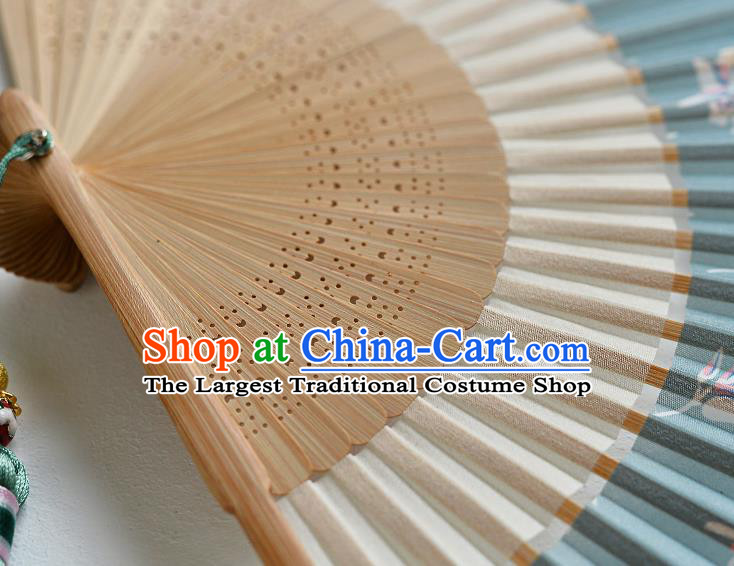 Handmade Chinese Folding Fan Accordion Fan Printing Blue Silk Fans