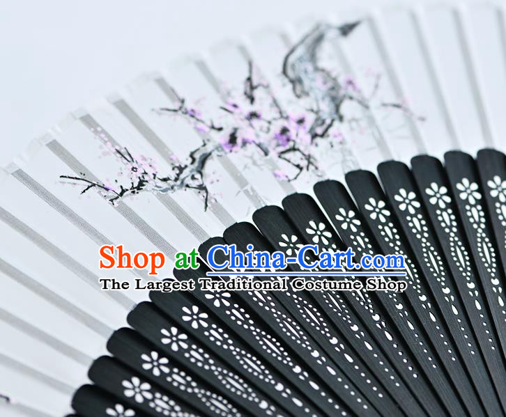 Handmade Chinese Painting Plum Blossom Folding Fan Accordion Fan Black Bamboo Fans